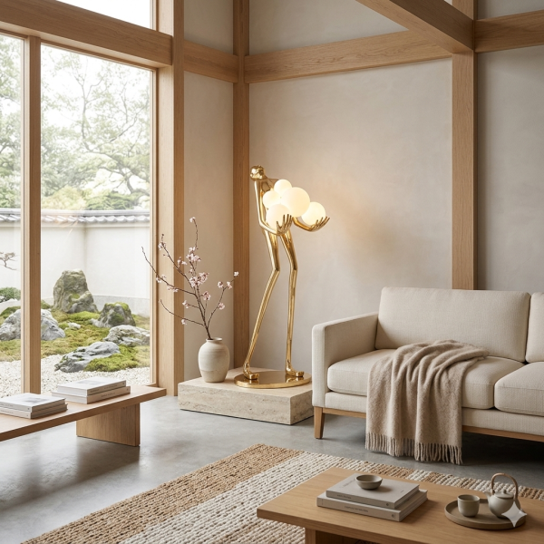 Lampa podłogowa WOMAN 180 cm – złota figura kobiety z białymi kloszami Step Into Design